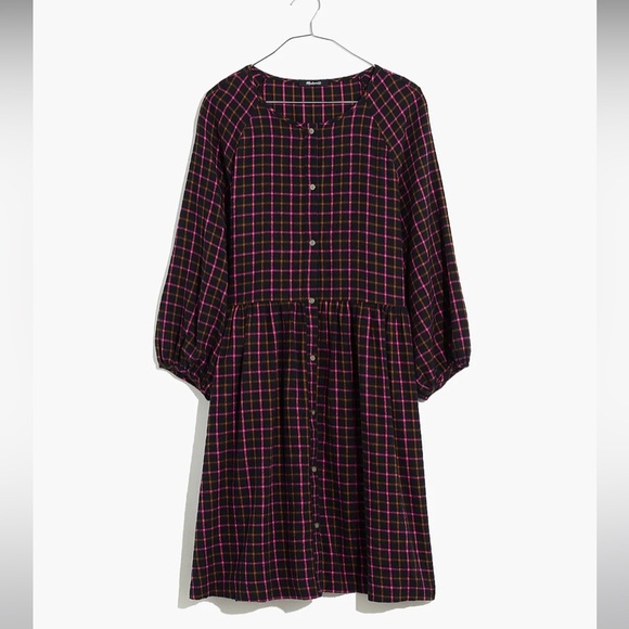 MADEWELL SZ 2 Plaid Flannel Raglan Button-Front Shirtdress - Picture 4 of 7